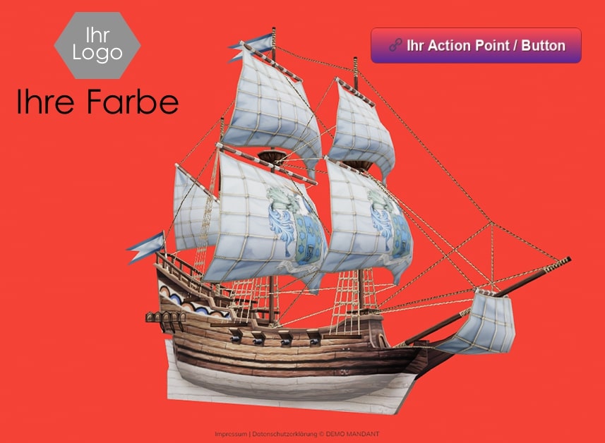 Page Web-AR avec bateau en 3D, logo, fond rouge et bouton