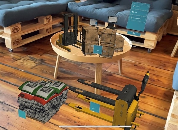 3D-Szene, erstellt mit XR Scene App: Gabelstapler und andere 3D-Objekte in Mixed Reality