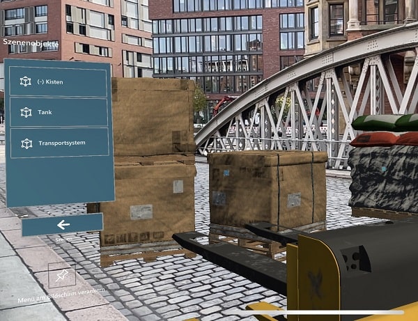 Visualisation 3D pour l'onboarding numérique ou la formation. Scène AR avec chariot élévateur, caisses et champs d'information
