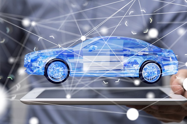 Soluciones digitales, ejemplo de imagen de coche virtual en tableta en realidad mixta