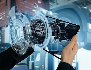 The use of augmented reality in industrial production, representation of an engine in mixed reality.