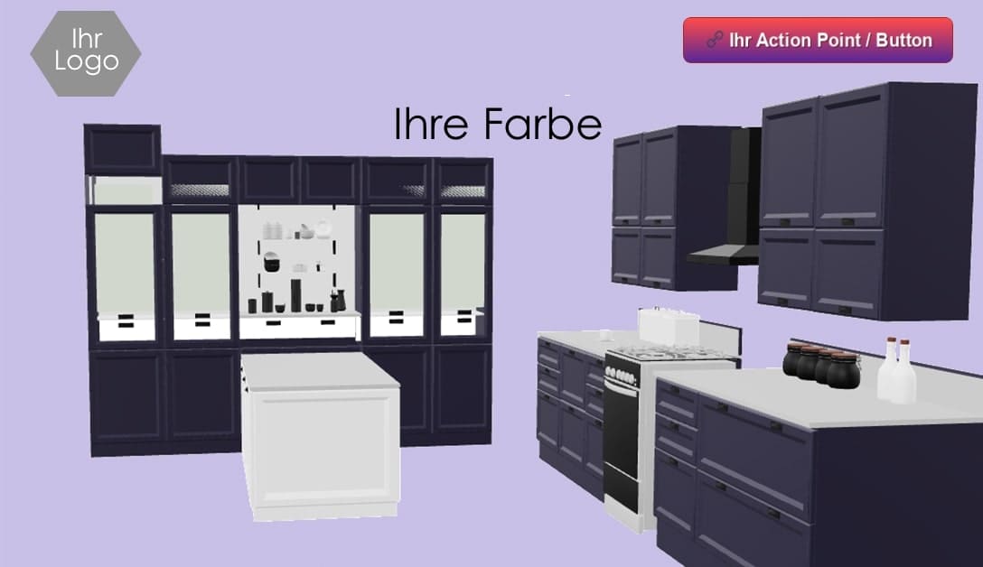 Page Web-AR d'une cuisine en 3D, y compris le logo, la couleur de fond et le lien